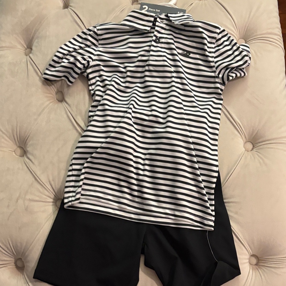 New Balance Kids Black & White Striped Polo Matching Set
